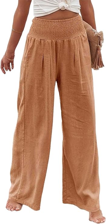 Women Linen Palazzo Pants, High Waist Wide Leg Summer Beach Pants, Casual Loose Lounge Trousers for Boho Travel