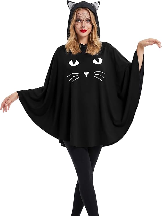 Black Cat Costume for Women, Glow in the Dark Halloween Poncho Hooded Cloak for Cosplay Themed Party