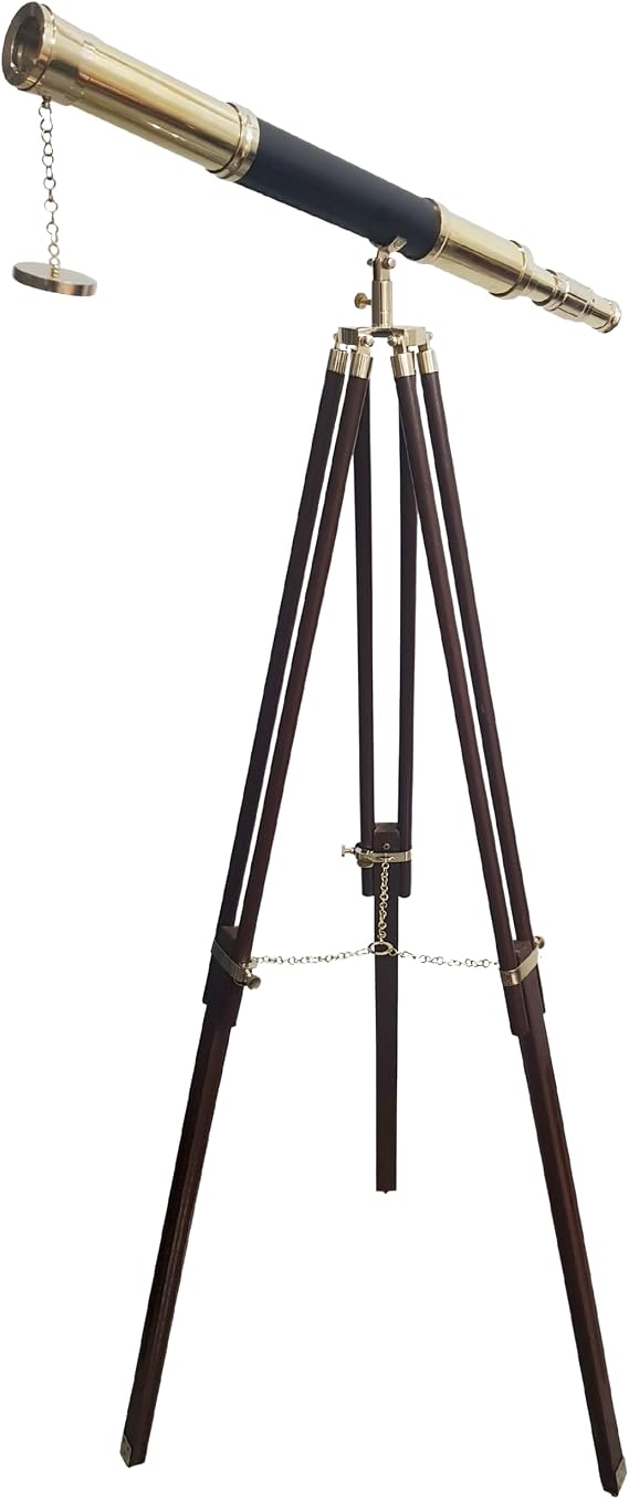 Vintage Stand Nautical Floor Standing Decor Shiny Leather Sheathed Tube Home & Office Decor Handmade Brass Telescope with Wooden Tripod 55"