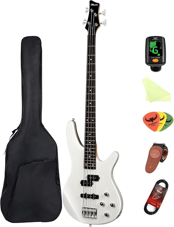 Bullfighter Electric Bass Guitar 4 Strings Full Size PJ Bass Complete Starter Kit for Beginner Musicians Casual Hobbyists Students with Gig Bag, Strap, Picks, Tuner and Guitar Cable IB (White)