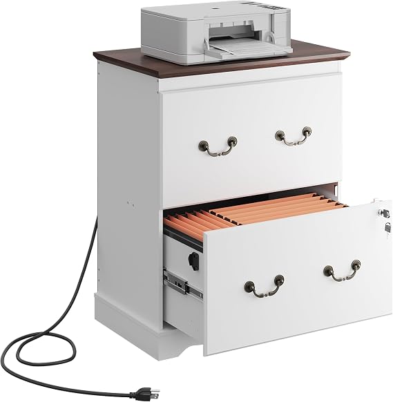 DEVAISE 2 Drawer File Cabinet with Charging Station & Lock, Wood Filing Cabinets for Home Office, Lateral Printer Stand for Office Storage, White