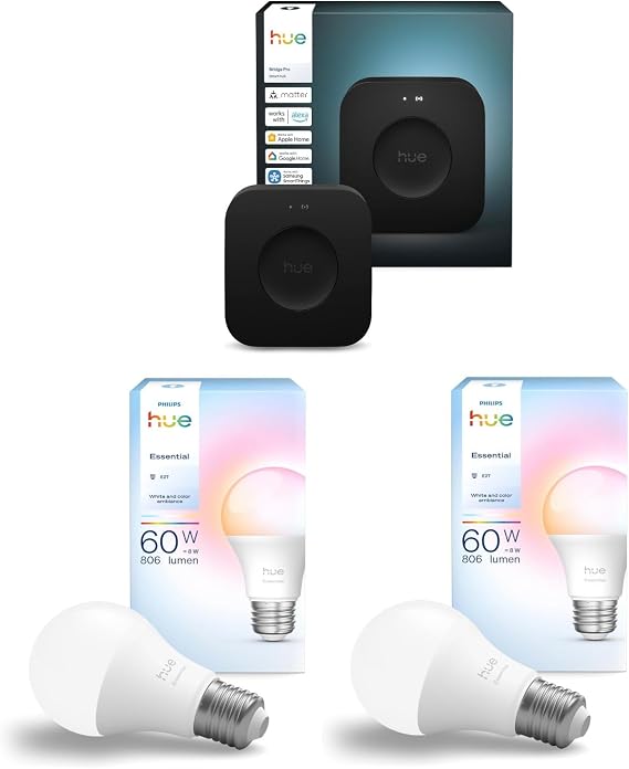 Philips Hue Bundle – 2X White & Color Ambiance 806 A60 E27 Smart Bulbs + Hue Bridge Pro Smart Hub | Smart Lighting, Wireless Control, Works with Alexa & Google Home [Energy Class F]