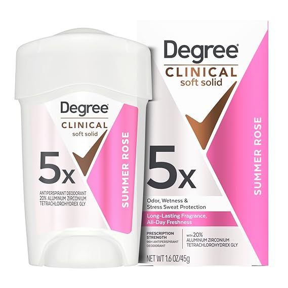 Degree Clinical Antiperspirant Deodorant Soft Solid, Summer Rose, 1.6 oz | For stress sweat, Helps stay dry & confident, With 5X sweat defense, Summer Rose scent