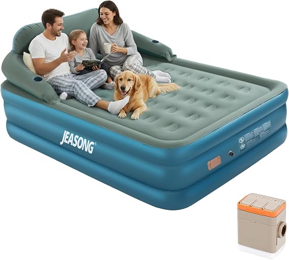JEASONG Queen Air Mattress with Built-in Rechargeable Battery Pump & Headboard, 20 Inch Elevated Airbed Blow Up Mattress, 700 lbs Inflatable Mattress, Portable Air Bed Blow Up Bed for Home & Camping