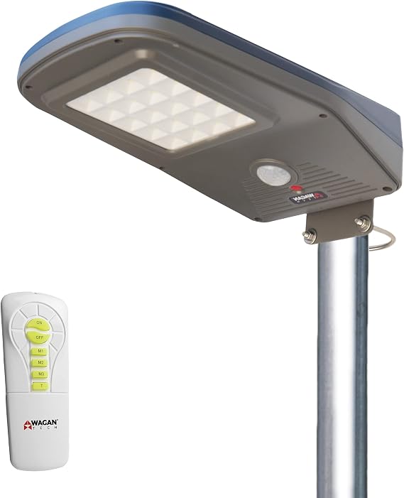 Wagan EL8591 3000 Lumen LED Solar Street Light with Remote Control Outdoor Solar Powered Flood Light Dusk to Dawn Waterproof Weatherproof Motion Sensor for Outdoor Garden Yard Path Parking Lot