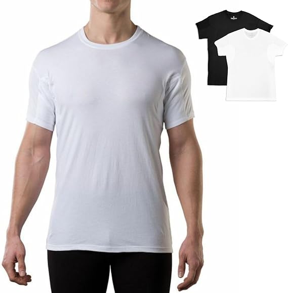 Men's Sweatproof Undershirt | Cotton Crew Neck | Original Fit | with Sweat Pads | 2 White and 2 Black Bundle | Medium