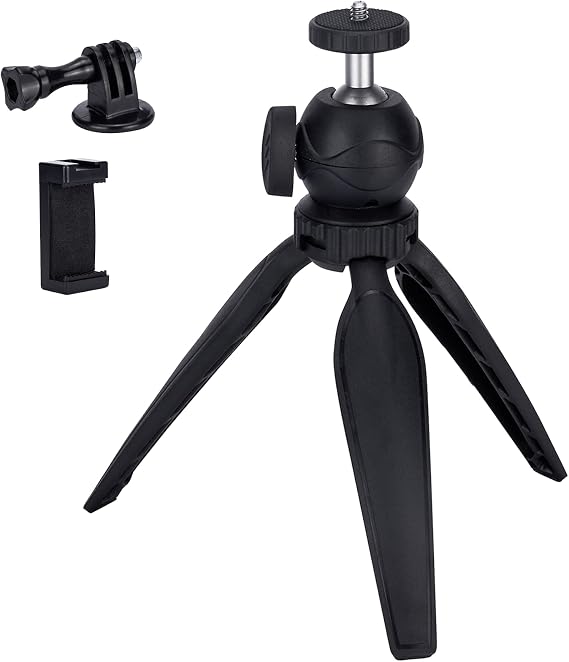 Mini Camera Tripod with Phone Holder & GoPro Mount, 360 Ball Head, Black, Compatible with DSLR, GoPro, Smartphone, Webcam
