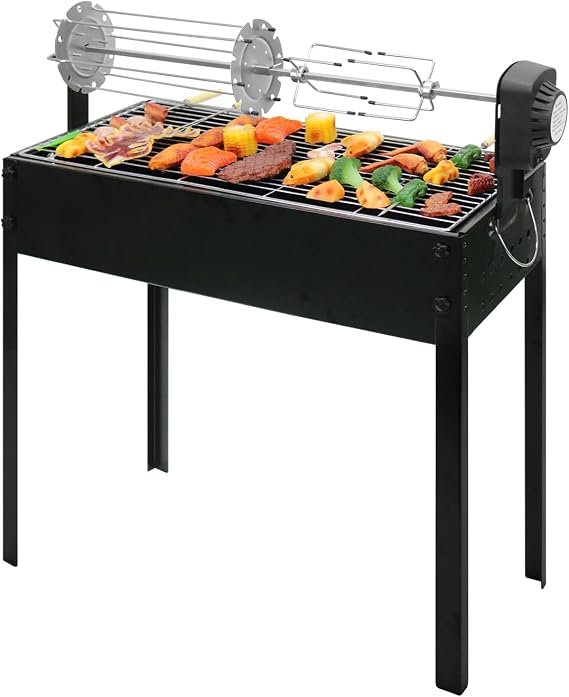 ptlsy Rotating Barbecue Charcoal Grill with Rotisserie Meat Forks & 6-Piece Skewer Set for Outdoor Cooking Camping Hiking Picnics Tailgating Backpacking or Any Outdoor Event