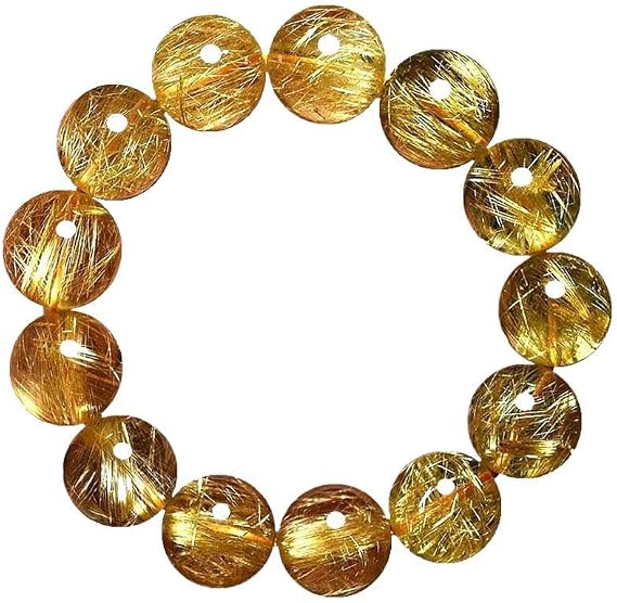 NIBHZ Golden Hair Crystal Natural Crystal Bracelet Female Plate Titanium Crystal Yellow Hair Crystal Transparent wear-Resistant Couple Bracelet,Gold,8mm