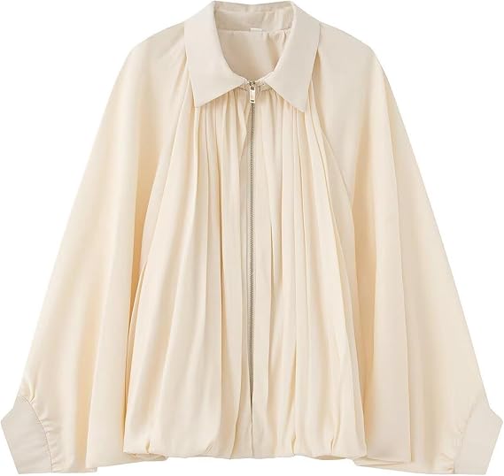 FONMA Womens Puffed Bomber Jacket Casual Batwing Sleeve Lapel Collar Zip Shirts Oversized Streetwear Pleated Jackets