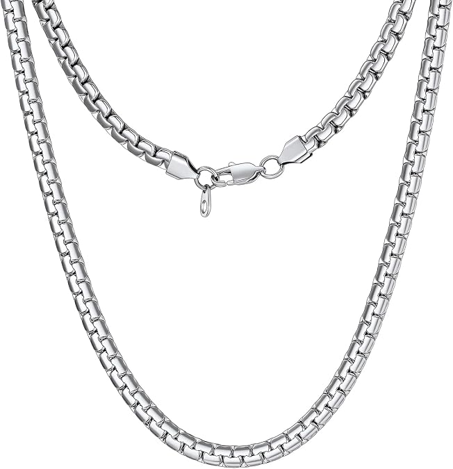 ChainsHouse Men's Flat Box Chain Necklace, 2/3/4/5/6/7/8mm Widths