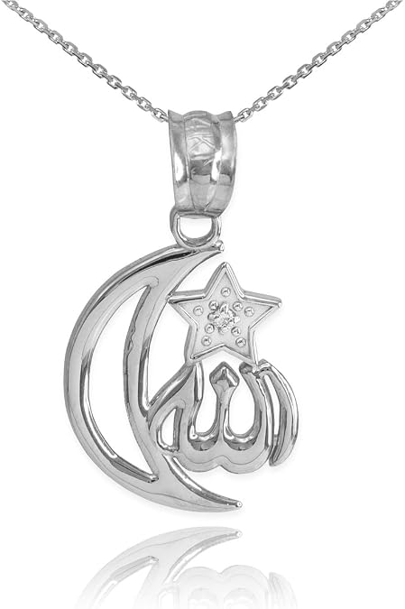 Middle Eastern Jewelry 925 Sterling Silver CZ-Accented Islamic Star and Crescent Moon Allah Pendant Necklace