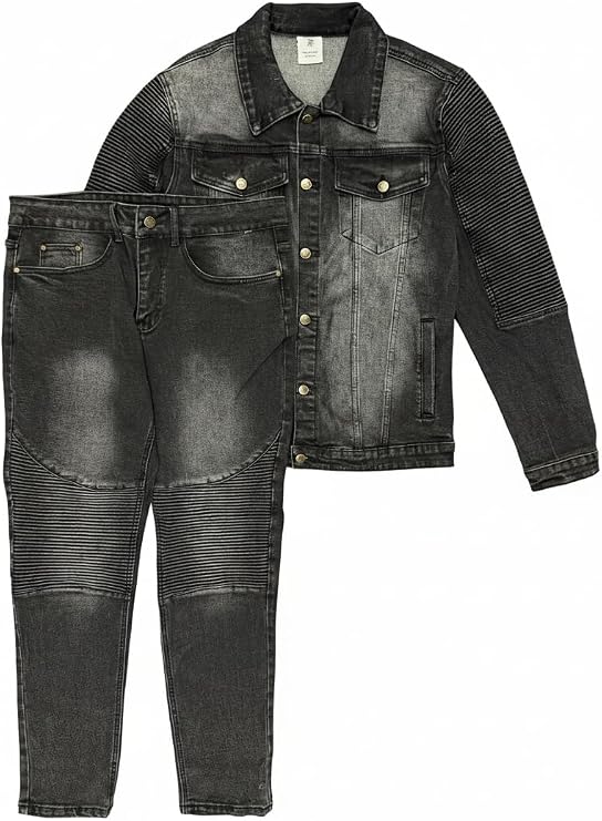 Mens Premium Denim Jean Suit Standard Cut Biker Jacket With Slim Fit Biker Pants