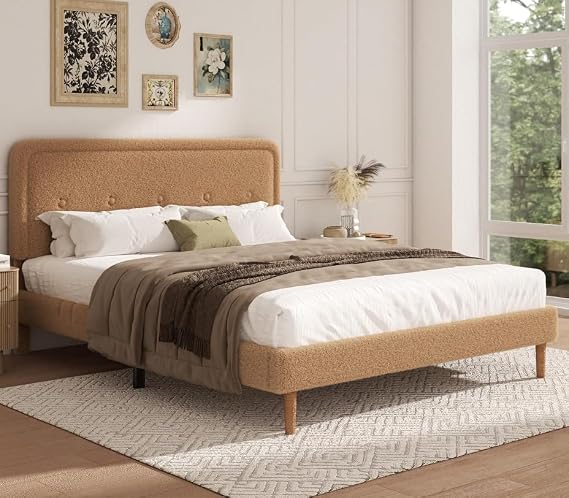 Queen Size Boucle Bed Frame with Adjustable Headboard, Cloud Boucle Upholstered Platform Bed Frame, Rounded Corners Design & Easy Assembly, Box Spring Optional, Noise Free, Camel