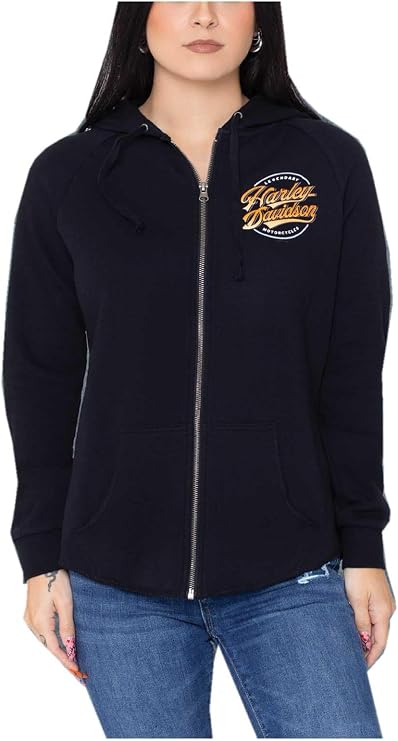Harley-Davidson Women's Round Swerve Zip-Up Curved Hem Sweatshirt, Black