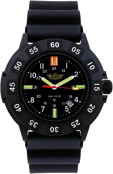 Uzi Swiss Tritium Military Watch for Men - Black Dial, Rubber Band, Scratch-Resistant, 20ATM Water Resistant, Swiss Quartz, Protector Rubber, 43mm
