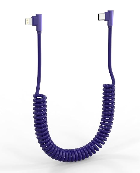 90 Degree Coiled USB-C to Lightning Cable - MFi Certified Right Angle iPhone Charger Cord with 27W Fast Charging & Apple CarPlay, Retractable for Car & Gaming, Extends to 4ft (Blue)