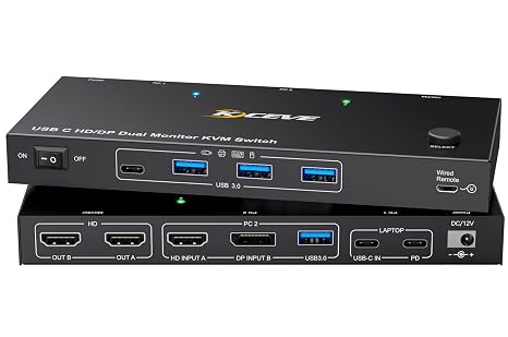 KVM Switch 2 Monitors for Laptop & Desktop, KVM Switch 2 Monitors 2 Computers USB C HDMI DP, USB 3.0, MST, 4K@60Hz, PD 60W, Wired Remote(4K USB C DP HD 2 in 2 out KVM)