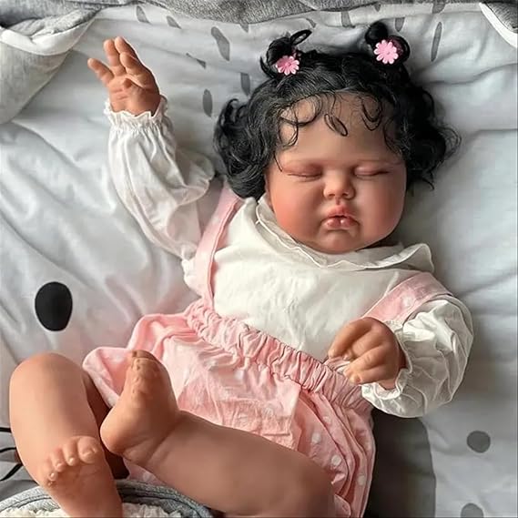 Angelbaby 19 Inch Realistic Reborn Black Girl Doll Lifelike African American Newborn Sleeping Baby Silicone Doll Soft Weighted Body Mixed Baby with Brown Skin Cute Real Life Biracial Bebe Toys