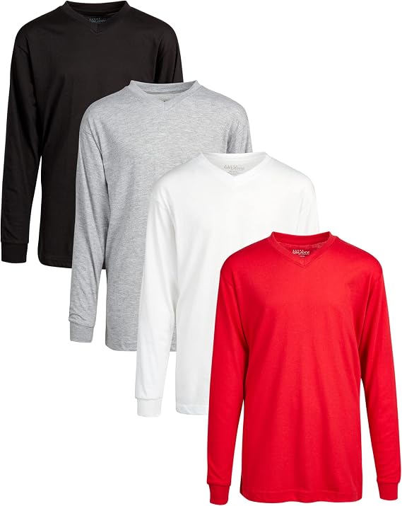 Galaxy by Harvic Boys Long Sleeve Shirts - 4 Pack Soft Cotton Blend Basic Pullover V Neck Long Sleeve Shirts for Boys