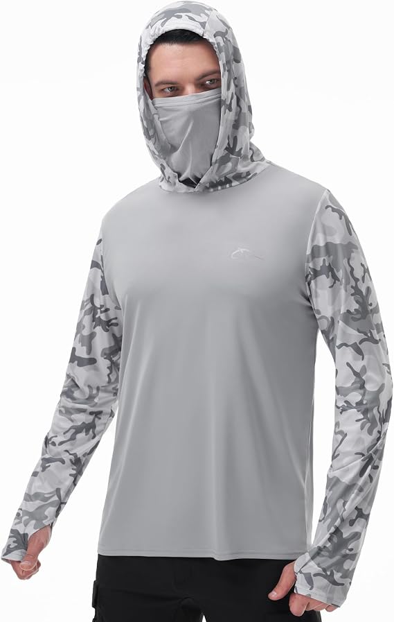 FISHEAL Men's Performance Fishing Hoodie Shirt - UPF 50+ UV Sun Protection Long Sleeve Shirts with Mesh Face Mask