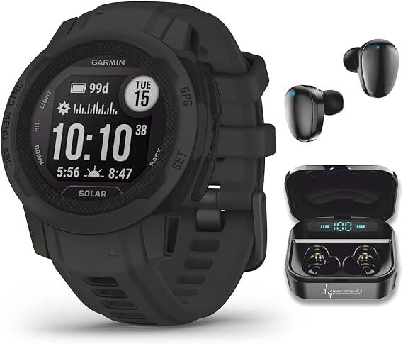 Garmin Instinct Solar GPS Rugged Outdoor Smartwatch with Wearable4U Earbuds Bundle