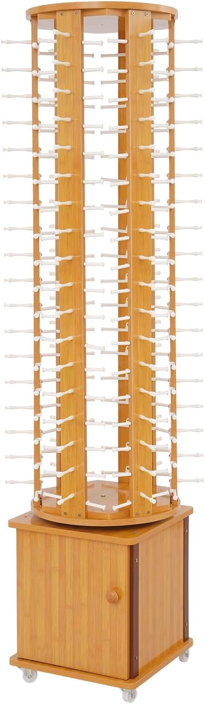 Sunglasses Retail Display Floor-standing Eyeglass Holder, 6-Sided Wood Sunglass Display Rack, 108-Pair Eyewear Holder, 360Rotating, with Storage Cabinet & 4 Swivel Wheels for Retail Exhibition (Brown)