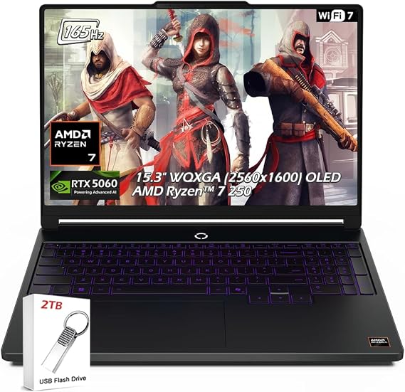 Lenovo Legion 5a Gaming Laptop, 15.3" OLED WQXGA 165HZ, AMD Ryzen 7 250, NVIDIA GeForce RTX 5060, 16GB DDR5 1TB SSD, Backlit KB, WiFi7, Backlit KB, Win11, Eclipse Black, w/2TB USB Drive, W/GaLiMu