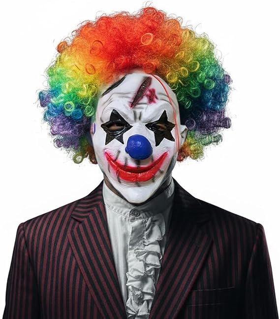 YAQIZENG Latex Clown Mask with Colorful Curly Wig Halloween Evil Clown Killer Cosplay Masks Spooky Scary Horror Costume Dress Up Adult Men Women Teens Creepy Costumes Party Props
