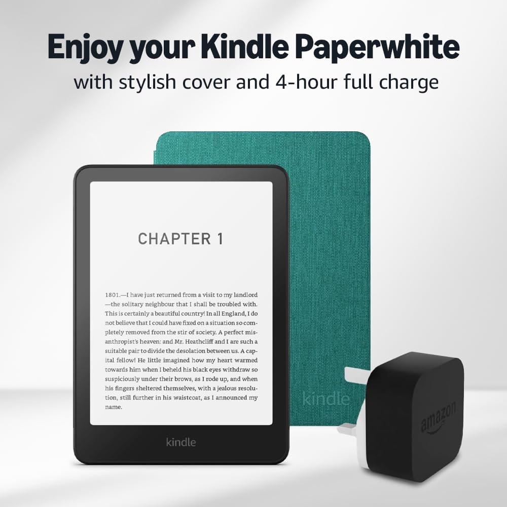 Kindle Paperwhite (2024 Release) 16 GB without ads, an Amazon Fabric Cover and an Amazon Powerfast 9W Power Adapter
