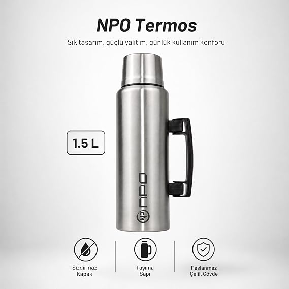 NPO NT01 1.5L Çift Katmanlı Vakum Teknolojili 24H Sıcak 48H Soğuk 72H Buzlu Koruma Çelik Termos