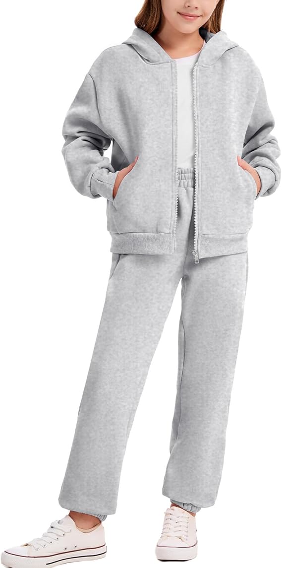 Flygo Girls Boys Fleece Sweatsuit 2 Piece Zip Up Hooded Jogger Sets