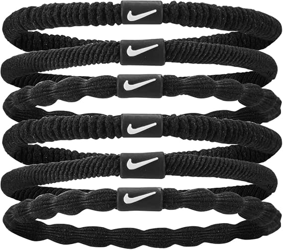 Nike Flex Hair Tie Pack of 6 Hair Bands Running Fitness Training Sport Hairband Set, Black/Black/White, One Size