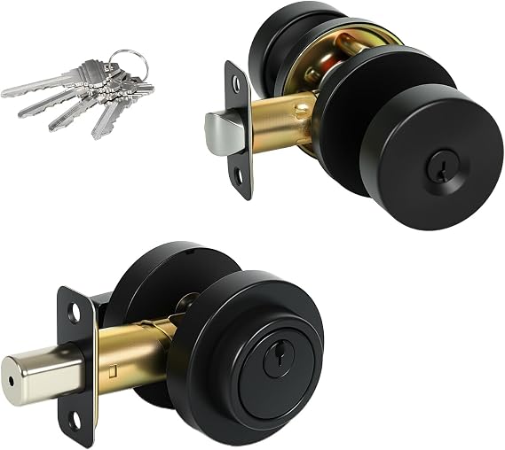 Door Knob and Single Cylinder Deadbolt Combo Set, Front Door Lock Set, Exterior Door Lock Set with Deadbolt, Keyed Alike, Matte Black (1Pack Set)