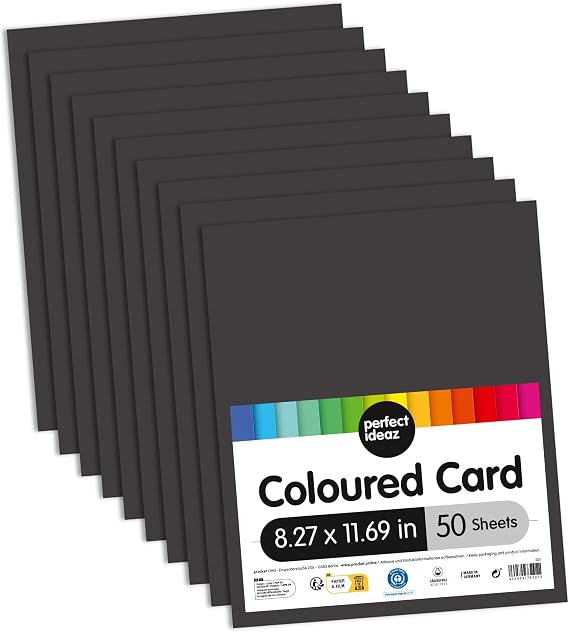 perfect ideaz 50 Sheets Black Photo Card, A4 Size (8.27 x 11.69 in), Craft Paper, Dyed Through Sheets, Construction Paper in 300g /qm, Tinted Drawing Carton for Crafts, Quality Sheets