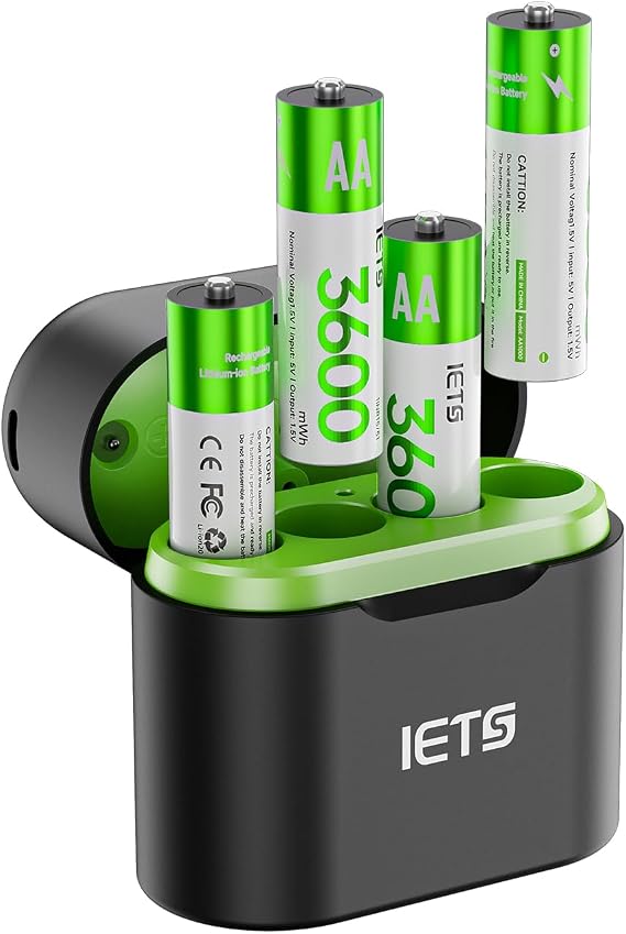 IETS Rechargeable aa Batteries Lithium with Fast Charger,1.5V Constant Output,3600mWh High Capacity Li-ion Double a Batteries Cycle Times up to 1600X is Cost-Saving (Charger+4Pack)