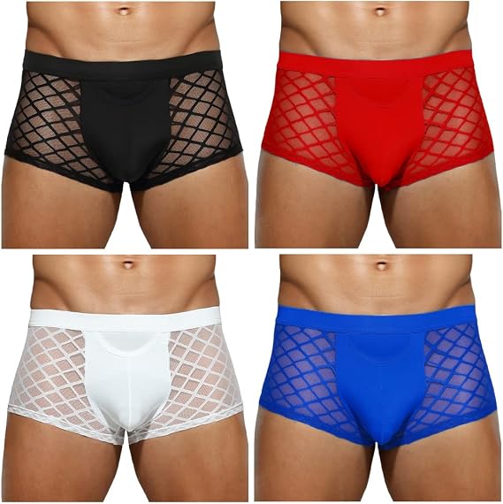 Casey Kevin Men's Sheer Lace Trunk Underwear 4 Pack Sexy Low Rise Mesh Boxer Briefs with Open Fly Pouch