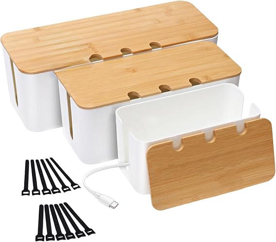 Pack of 3 cable boxes cable management box storage box for cables with bamboo lid storage box made of wire for hiding cables organise computer cabling
