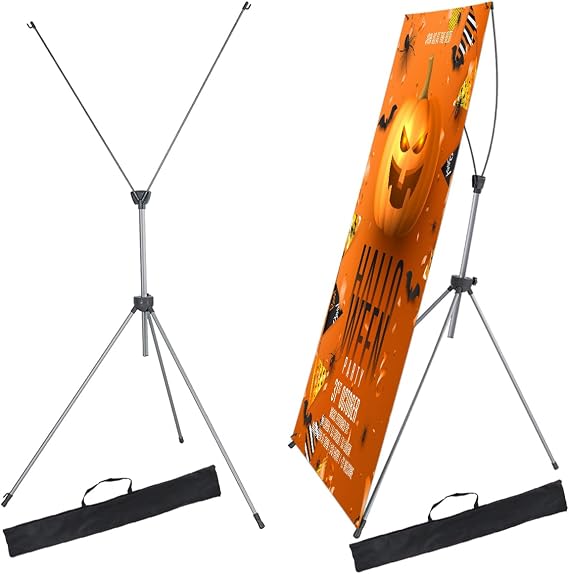 JACNITAD 2 Pack X-Frame Banner Stand Fits Any Banner Adjustable SIZE 24"x63" with Carrying Bag, Silvery