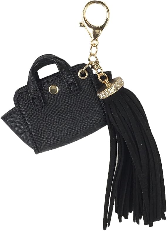 Melie Bianco Mini Satchel with Oversized Tassel Charm, Black Faux Leather Handbag, Fashionable Small Purse with Detachable Accessory