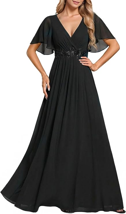 Ever-Pretty Women's Chiffon V Neck Short Sleeves Appliques Formal Evening Dresses Bridesmaid 01960