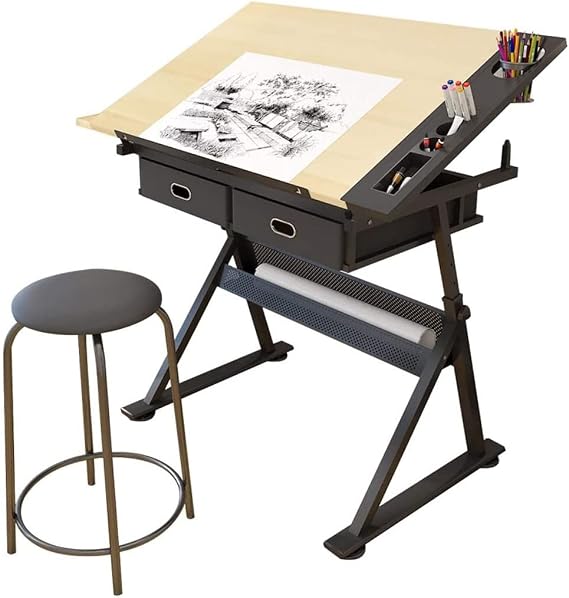 Drafting Table for Artists, Height Adjustable Drawing Table with Tiltable Tabletop, Drawing Desk Art Desk Craft Work Station with Storage and Drawers for Reading Writing Painting beautiful scenery