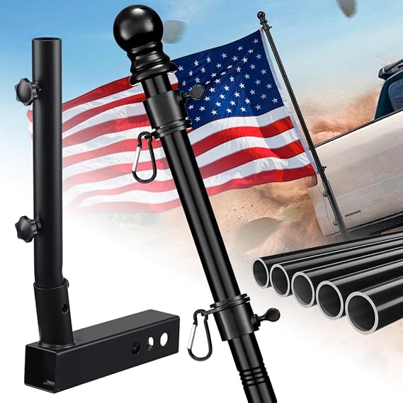 Truck Flag Pole with Hitch Holder 6FT Heavy Duty Flagpole Kit for 2" Tow Hitch, Dual Angle Mount, Windproof Sleeve for Trucks, Jeep,Trailer for Tailgating,Parades,Off-Road Flag Display