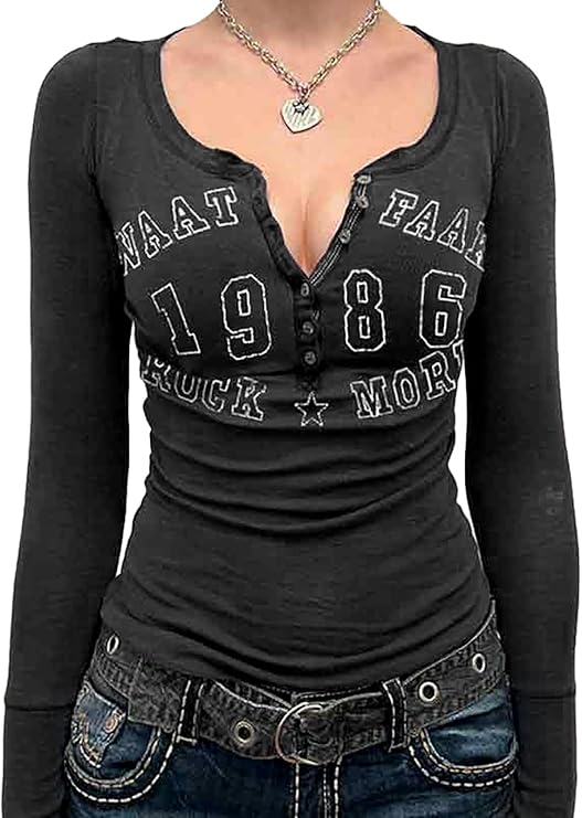 Womens Y2K Long Sleeve Henley T Shirts Button Down Slim Fit Vintage Casual Tops Graphic Crop Tops