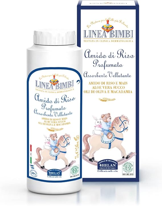Helan Linea Bimbi Bio - Talcum Powder for Babies, Baby Powder with Aloe Vera Juice, Scented Rice Starch - Moisturising, Soothing, Against Irritation, Baby Essentials for Newborn - Made in Italy, 75 g