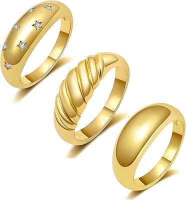 Sora Tuki Gold Croissant Ring Gold Chunky Ring Set Dome Ring Star Ring Gold Rings for Women Set Trendy Rings for Teen Girls Chunky Gold Ring Set Gold Set, 9