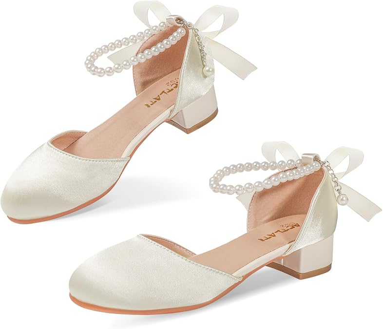 Girls Dress Shoes High Heels Sandals Decorative Pearls Ankle Strap Flower Girl Little Big Kid Mary Jane Wedding Party Communion Pump Shoes