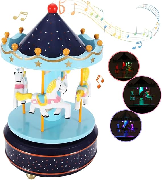 Luminous Musical Carousel Horse Music Box with LED lights Wind up 4-Horse Rotating Musical Figurine Vintage Dream Merry-Go-Round Gifts Xmas Carousel Ornament Decoration