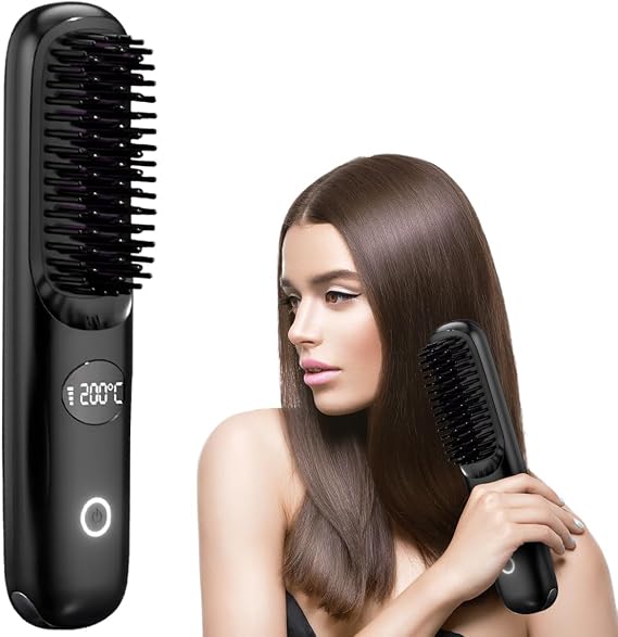Portable Cordless Straightener Brush, New USB Cordless Negative Ion Hair Straightening Comb Women's Electric Hair Comb, 2025 Upgrade Cordless Negative Ion Hair Straightening Comb (Black)