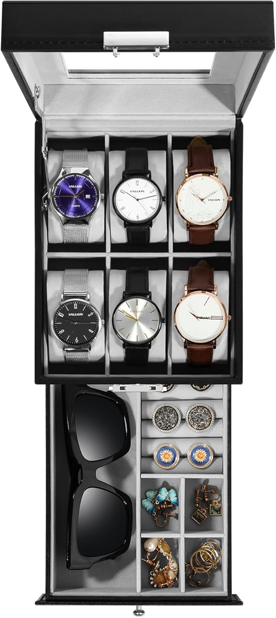 Uten 6-Slot Watch Box, 2-Layers PU Leather Watch Case with Lock